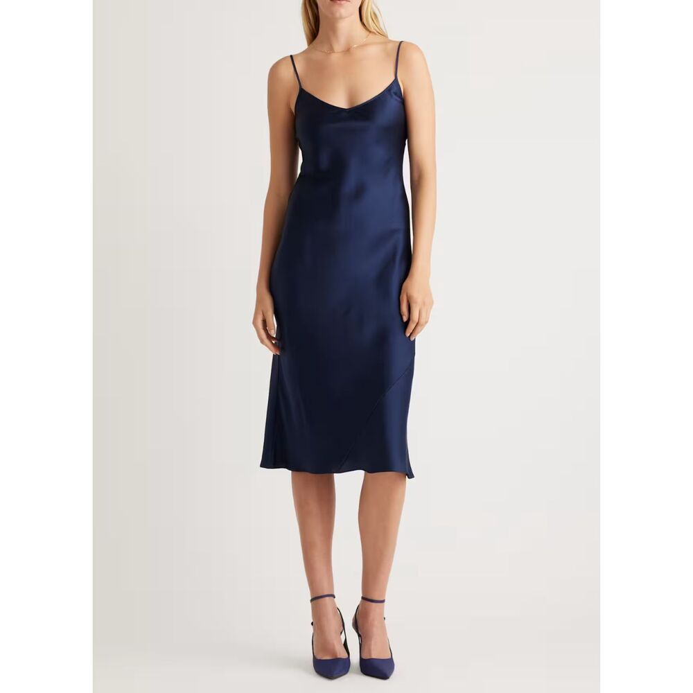 Quince 100% Washable Silk Satin Royal Navy Draped Slip Midi Dress SZ S Bias Cut - Picture 2 of 13
